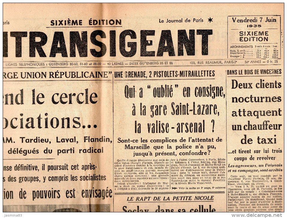 L'Intransigeant Du Vendredi 7 Juin 1935 - Informations Générales