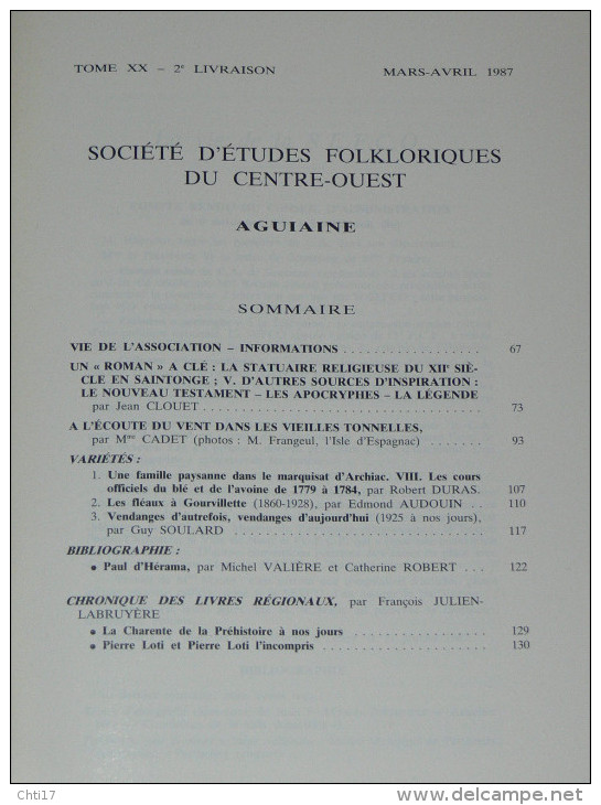 AGUIAINE ET SUBIET TOME 20  / ANNEE INCOMPLETE 1987 MANQUE N°3 /  STATUAIRE RELIGIEUX ROMAN/  ARCHIAC / LES LOUPS  E   / - Poitou-Charentes