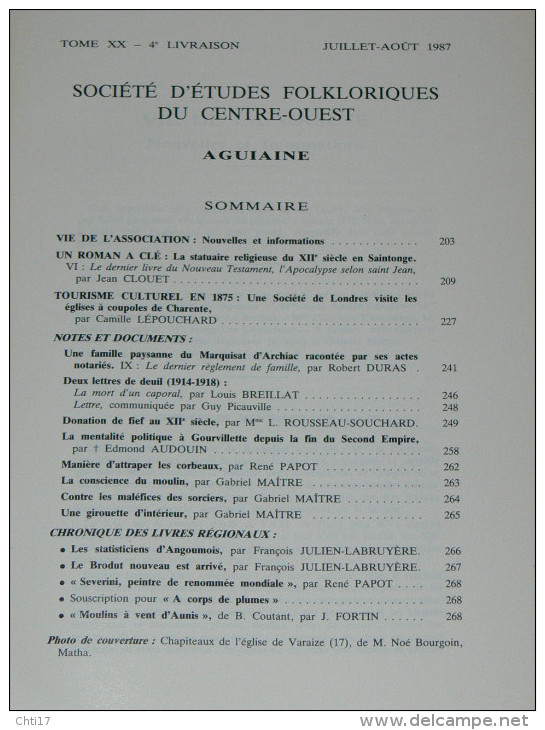 AGUIAINE ET SUBIET TOME 20  / ANNEE INCOMPLETE 1987 MANQUE N°3 /  STATUAIRE RELIGIEUX ROMAN/  ARCHIAC / LES LOUPS  E   / - Poitou-Charentes