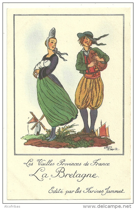 Theme Illustrateur Jean Droit Les Vielles Provinces Lorraine Corse Bretagne Gascogne Lot 4 Cartes Pub Farines Jammet - Droit