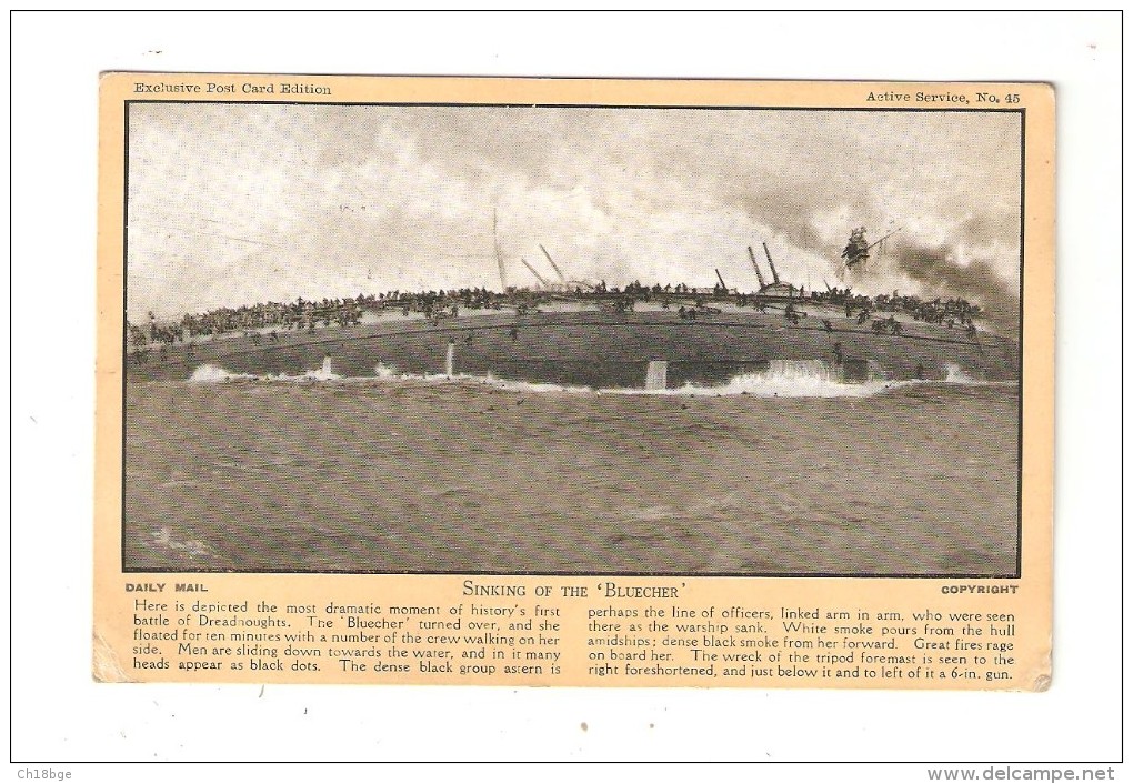 CPA : Sinking Of The " Bluecher" : Bateau Coulé + Soldats Tentant De Se Sauver + Légende Explicative - Guerre 1914-18