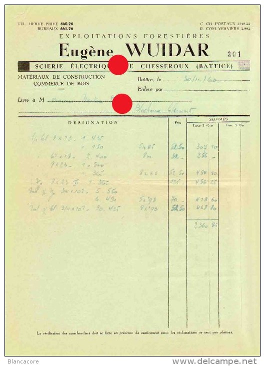 BATTICE ( Herve ) Scierie Du Chesseroux  Eugène Wuidar Exploitations Forestières - Straßenhandel Und Kleingewerbe