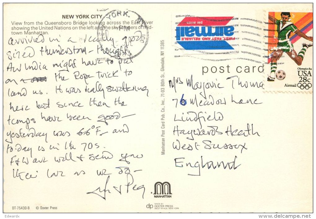 East River Skyline, New York City NYC, United States USA US Postcard Used Posted To UK 1983 Stamp - Other & Unclassified