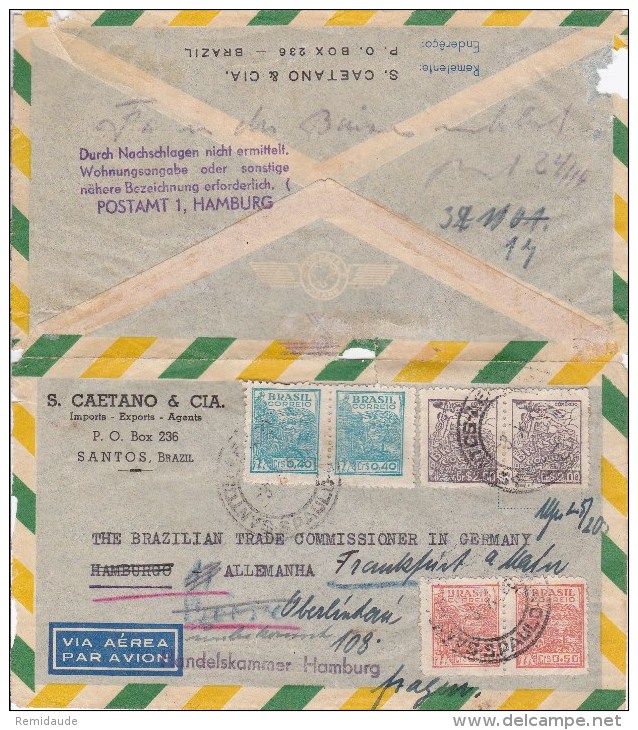 BRESIL - ENVELOPPE AIRMAIL De SANTOS Pour HAMBURG (GERMANY)  => RETOUR (ZURÜCK) - Storia Postale