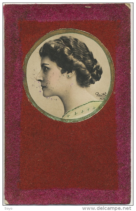 Carte Velours Pailletée Portrait Profil Art Nouveau Reutlinger Actrice - Autres & Non Classés