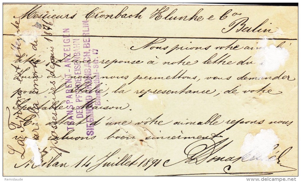 ITALIA - 1891 - CP ENTIER De MILANO Pour BERLIN - "LA FIRME EST ETEINTE PAR LA MORT DES POSSESSEURS" => RETOUR (ZURÜCK) - Stamped Stationery