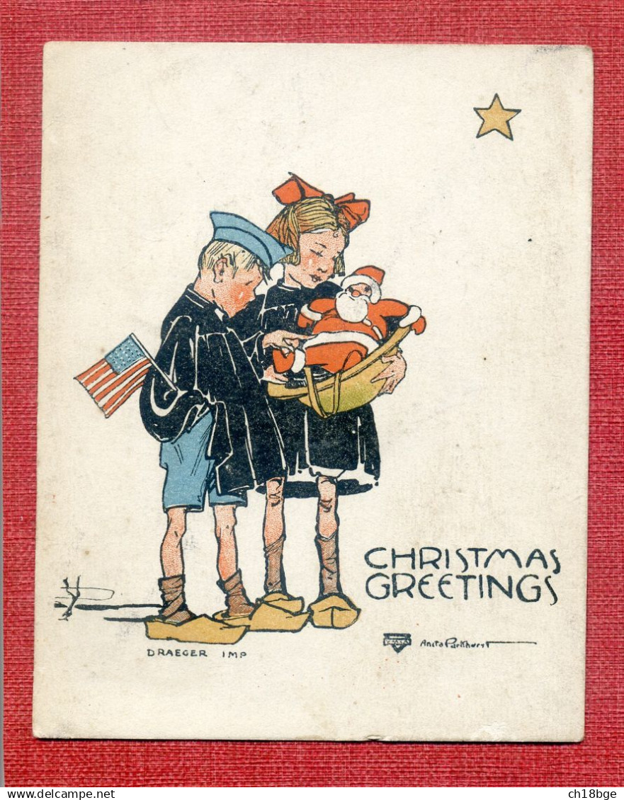 Carte 8,5/11cm : Christmas Gretting : Garçon Avec Drapeau Américain & Une Fillette Tenant 1 Père Noël  Anita Park ???? - Guerre 1914-18