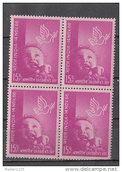 INDIA, 1966,  Children's Day-, Childrens, Child-Dove-Pigeon-Olive Branch, Infant And Dove Embelem,  Block Of 4,MNH, (**) - Unused Stamps