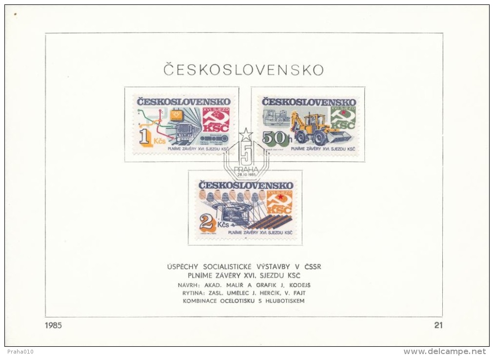 Czechoslovakia / First Day Sheet (1985/21) Praha: Socialist Construction (engineering, Prague Metro, Textile Industry) - Tranvie