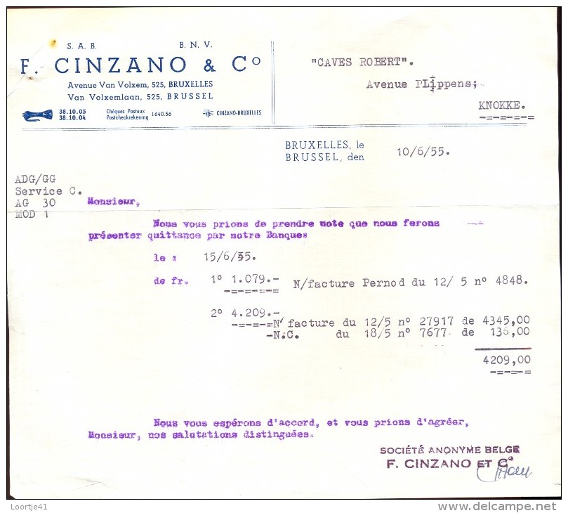 Factuur Facture Brief Lettre  - CINZANO Bruxelles 10/6/1955 - Alimentos