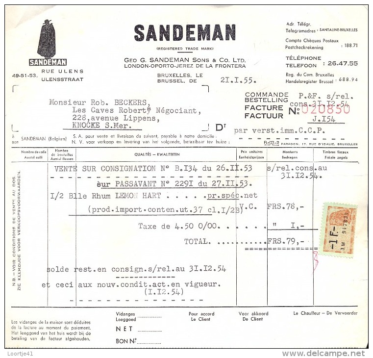 Factuur Facture Brief Lettre  - Porto Sandeman Bruxelles 1955 - Lebensmittel