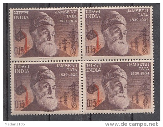 INDIA, 1965,  Jamesetji Tata, Industralist, Molten Steel, Electricity Pylons, Energy, Mineral,  Block Of 4, MNH, (**) - Unused Stamps