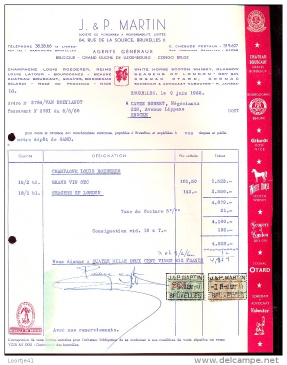 Factuur Facture Brief Lettre  - Vins J & P. Martin Bruxelles 1955 - 1950 - ...