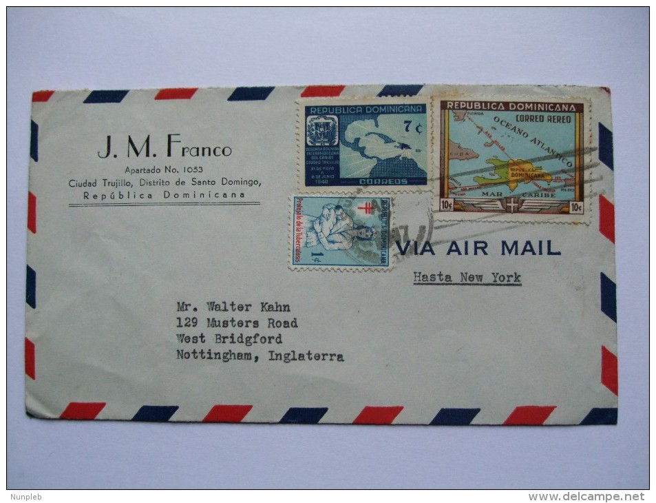 DOMINICAN REPUBLIC AIR MAIL COVER 1947 FROM SANTO DOMINGO TO ENGLAND VIA NEW YORK - Dominikanische Rep.