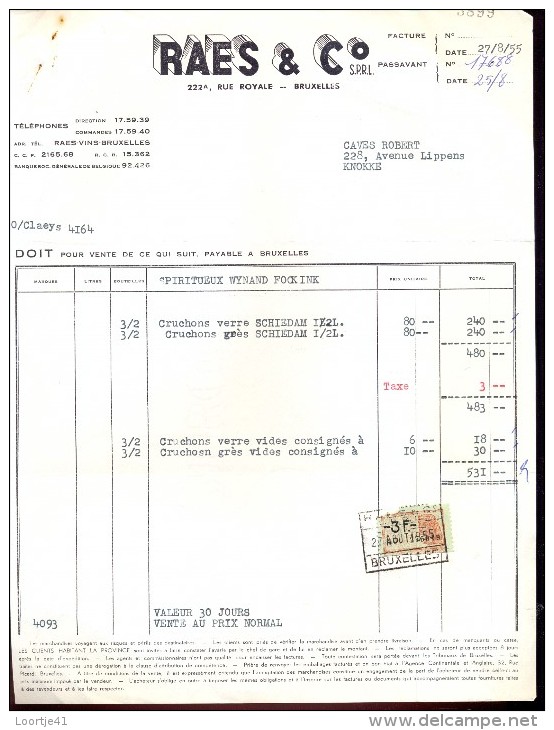 Factuur Facture Brief Lettre  - Vins RAES & Co - Bruxelles 1955 - 1950 - ...