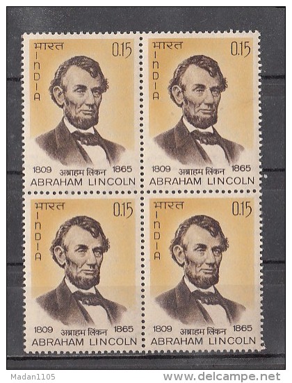 INDIA, 1965,  Death Centenary Of Abraham Lincoln, Statesman And Humanitarian,  Block Of 4, MNH, (**) - Neufs