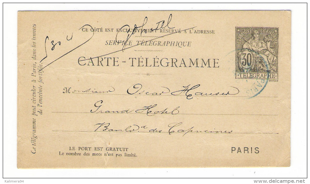 ENTIER  POSTAL  /  CARTE - TELEGRAMME  30 Ct. NOIR Type CHAPLAIN   ( Rare Cachet BLEU , à Oscar HAUSER ) - Pneumatiques