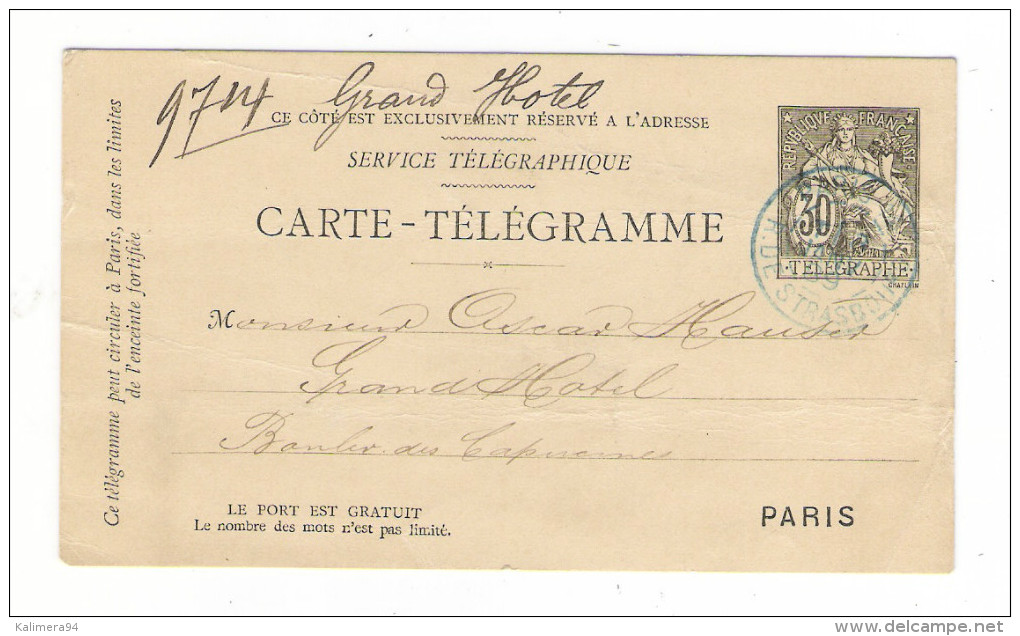 ENTIER  POSTAL  /  CARTE - TELEGRAMME  30 Ct. NOIR Type CHAPLAIN   ( Rare Cachet BLEU , à Oscar HAUSER ) - Rohrpost