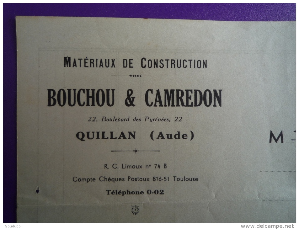 Lettre Facture 1951 Quillan  St Ferréol Bouchou & Camredon Gandon 12f Bleu. V.photos. - 1921-1960: Période Moderne