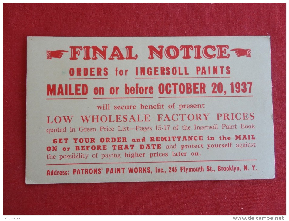 Final Notice Ingersoll Paints 1937 Brooklyn NY Machine Stamp & Cancel  Ref 1265 - Brooklyn