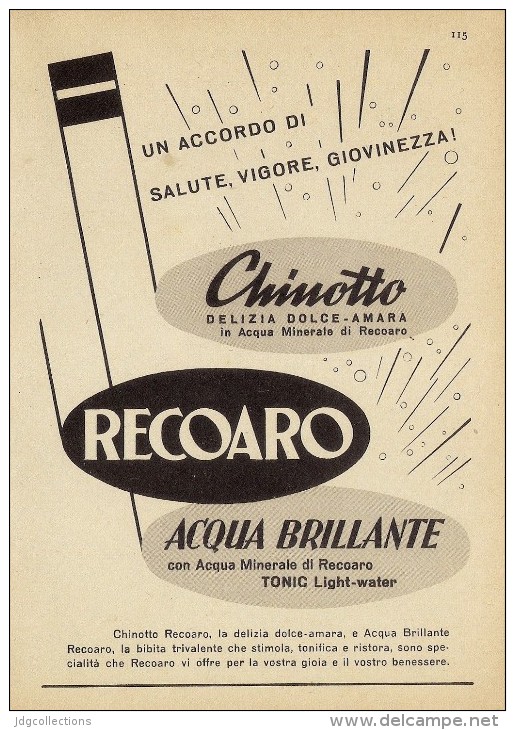 # CHINOTTO - TONIC WATER RECOARO 1950s Advert Pubblicità Publicitè Reklame Food Drink Bibita Bebida Getrank Boisson - Manifesti