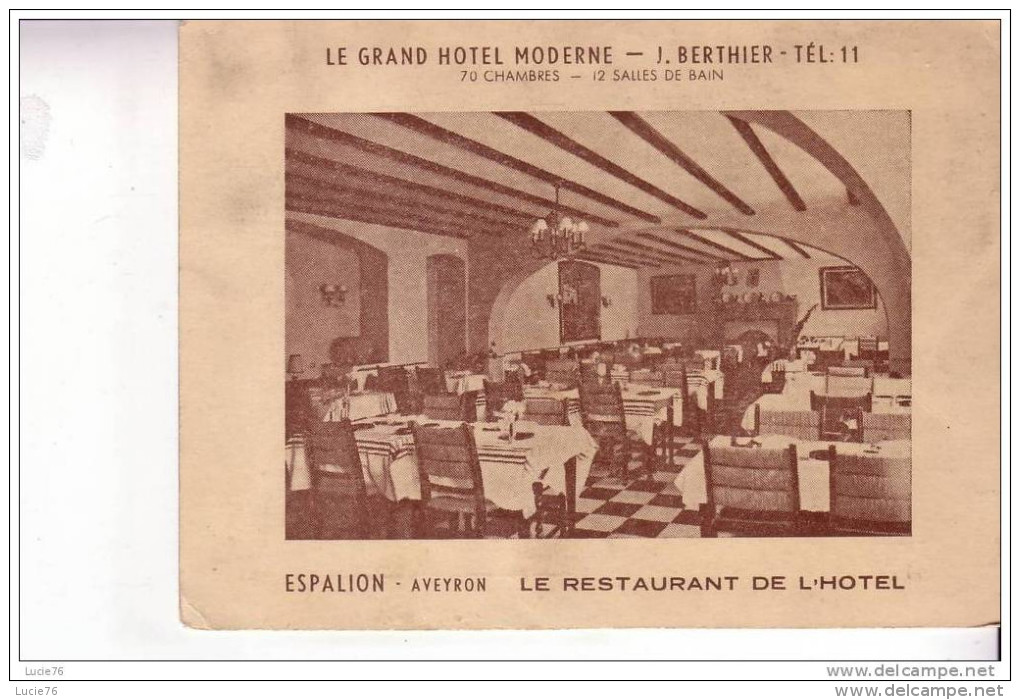 CARTON PUBLICITAIRE -  LE GRAND HOTEL MODERNE - ESPALION  - Le Restaurant De L´Hôtel - Autres & Non Classés