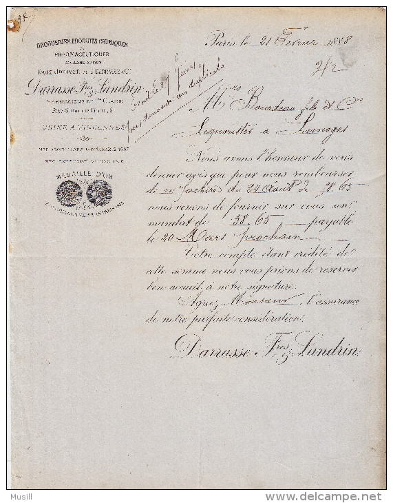 Facture De Darasse Frères & Landrin, Droguerie Et Produits Chimiques, Adressée à Mr Bourdeau, Liquoriste à Limoges. - Droguerie & Parfumerie