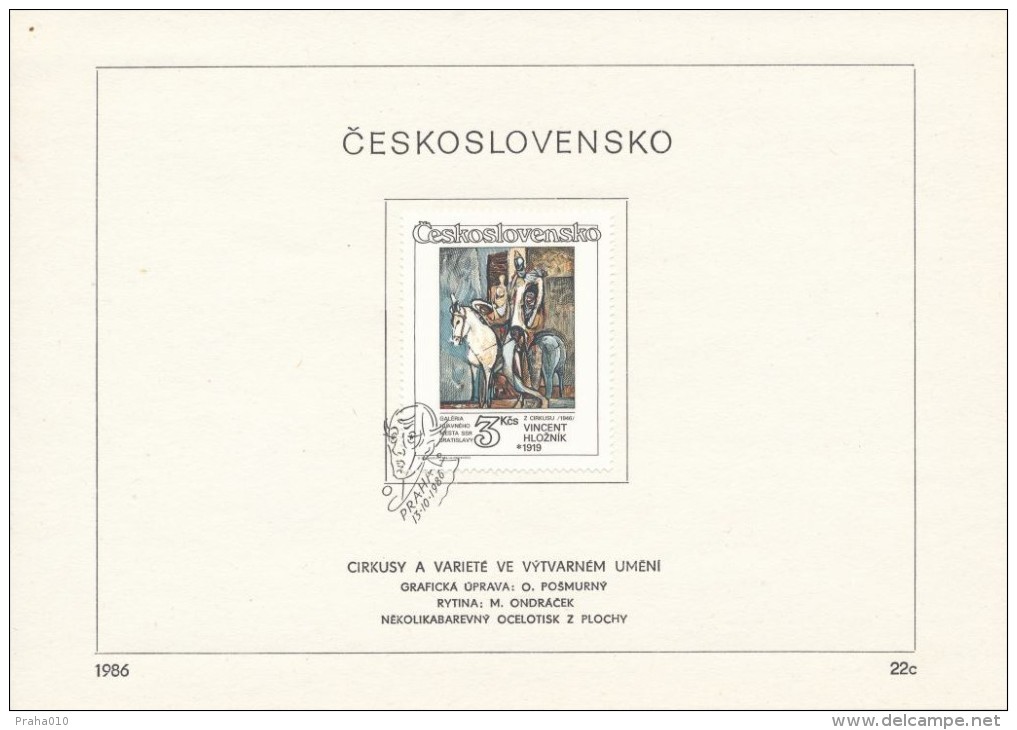 Czechoslovakia / First Day Sheet (1986/22c) Praha: Vincent Hloznik (1919-1997) "The Circus" (1946) - Circo
