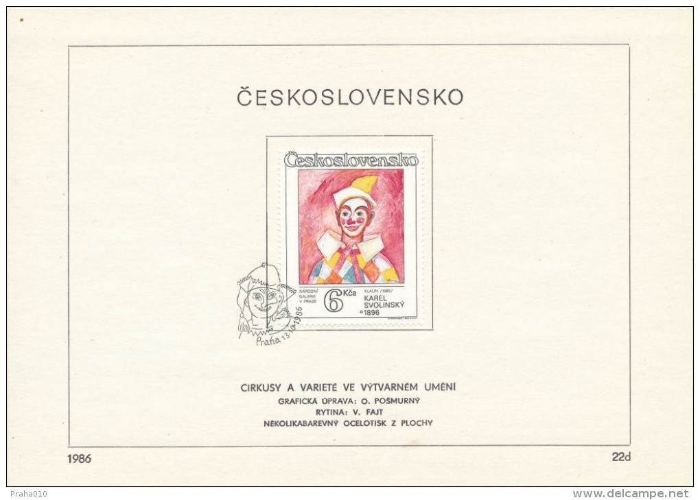 Czechoslovakia / First Day Sheet (1986/22d) Praha: Karel Svolinsky (1896-1986) "Clown" (1985) - Circus