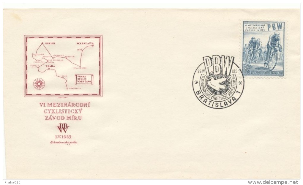 Czechoslovakia / First Day Cover (1953/11) Bratislava 1 (c): Peace Bicycle Race 1953 Prague - Berlin - Warsaw - Ciclismo