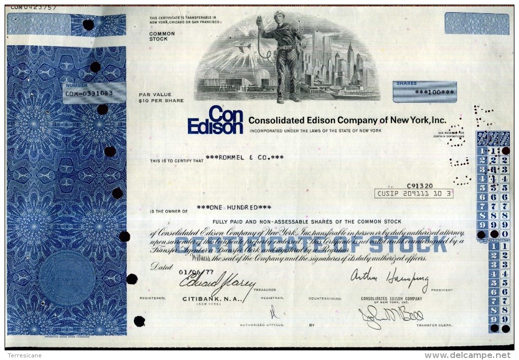 CERTIFICATO AZIONARIO CON EDISON COMPANY NEW YORK CURIOSITA' PREMONIZIONE NEL BOZZETTO LE DUE TORRI E AEREO - Elektrizität & Gas