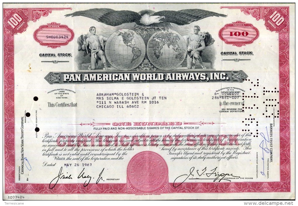 X CERTIFICATO AZIONARIO PAN AMERICAN WORLD AIRWAYS INC 1967 100 SHARES STOCK - Aviazione