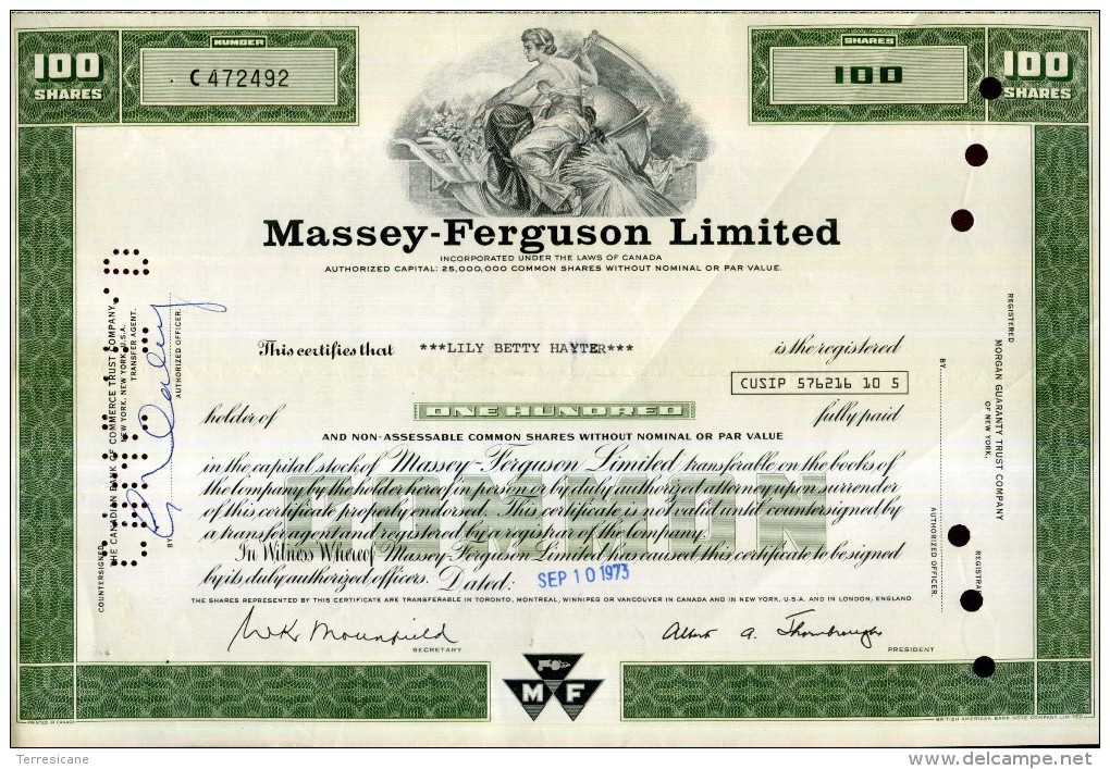 X CERTIFICATO AZIONARIO MASSEY FERGUSON LIMITED 1973 100 SHARES STOCK - Industrie