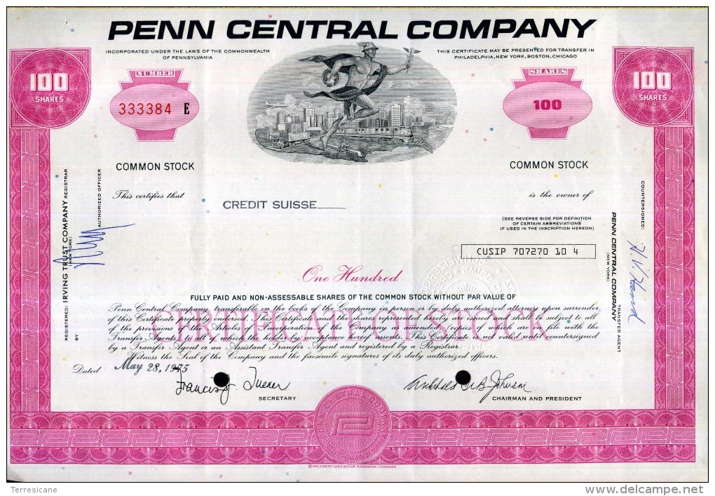 X CERTIFICATO AZIONARIO PENN CENTRAL COMPANY 1975  100 SHARES STOCK - Chemin De Fer & Tramway