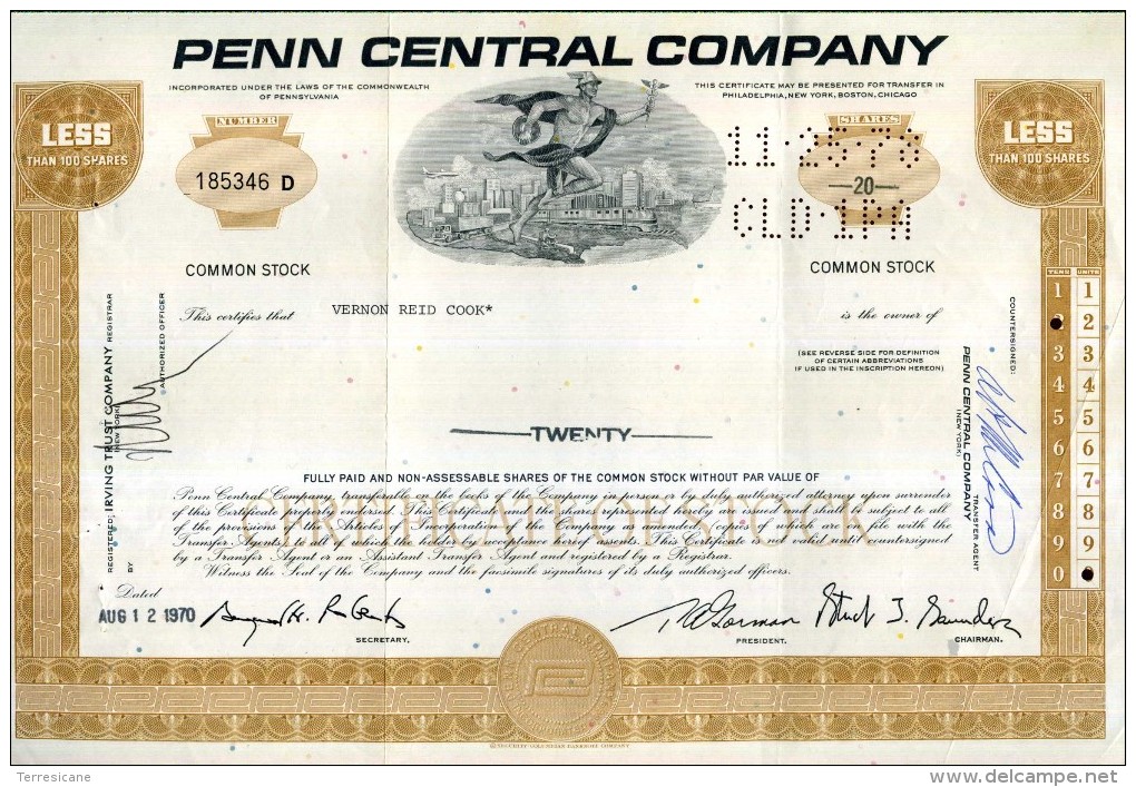 X CERTIFICATO AZIONARIO PENN CENTRAL COMPANY 1970  LESS 100 SHARES STOCK - Railway & Tramway