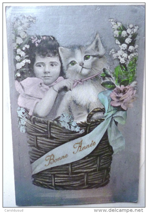 CPA Photo Montage Surrealisme Fond Argent Decoupis Tete ENFANT Et Chat Dans Gros Panier Voyage 1905 - Animali Abbigliati