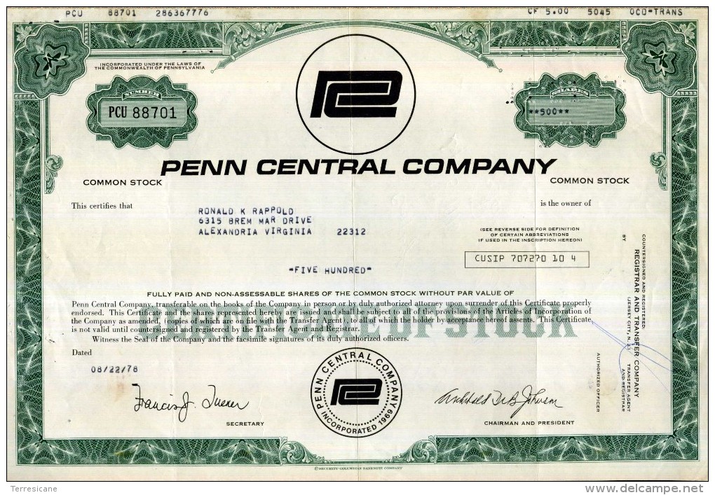 CERTIFICATO AZIONARIO PENN CENTRAL COMPANY 1978  500 SHARES STOCK - Railway & Tramway