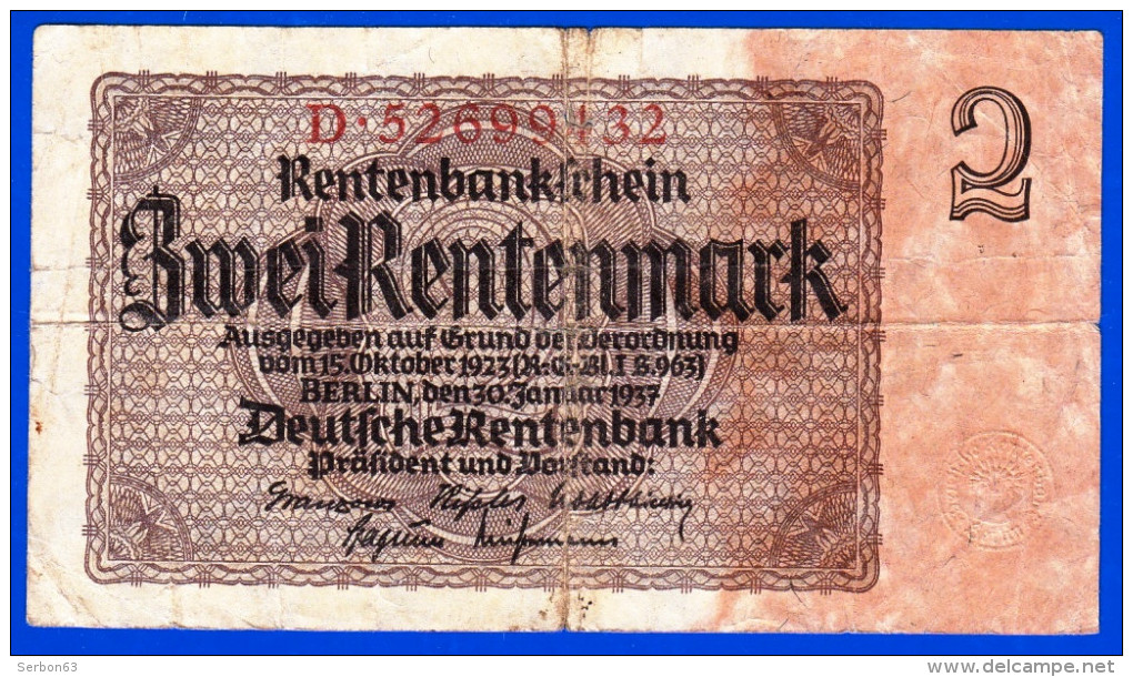 BILLET MONNAIE USAGE ALLEMAGNE DEUTCHLAND GERMANIE RENTENBANK ZWEI RENTENMARK BERLIN 30 JANVIER 1937 N°D. 52699432 - Altri & Non Classificati