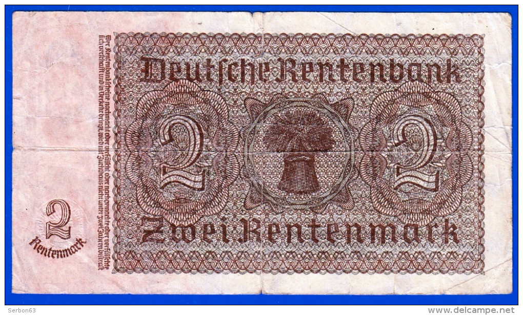 BILLET MONNAIE USAGE ALLEMAGNE DEUTCHLAND GERMANIE RENTENBANK ZWEI RENTENMARK BERLIN 30 JANVIER 1937 N°D. 52699432 - Altri & Non Classificati