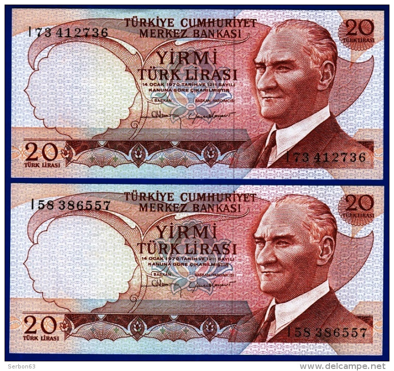 2 BILLETS MONNAIE NEUFS TÜRKIYE CUMHURIYET MERKEZ BANKASI 20 YIRMI TÜRK LIRASI N°l73 412736 ET L58 386557 - 14 OCAK 1970 - Turchia