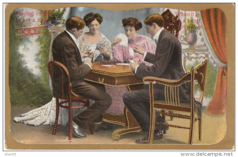 Couples Play Cards, Romance Theme, C1900s Vintage Postcard - Playing Cards
