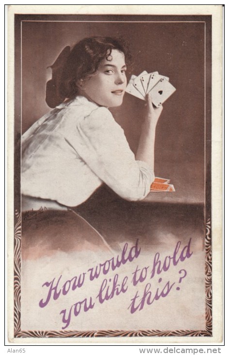 Woman Plays Cards, Romance Theme, 'How Would You Like To Hold This?' C1900s/1910s Vintage Postcard - Playing Cards