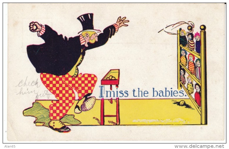 Carnival Game 'I Miss The Babies' Man Throws Ball To Hit Dolls, C1900s Vintage Postcard - Other & Unclassified