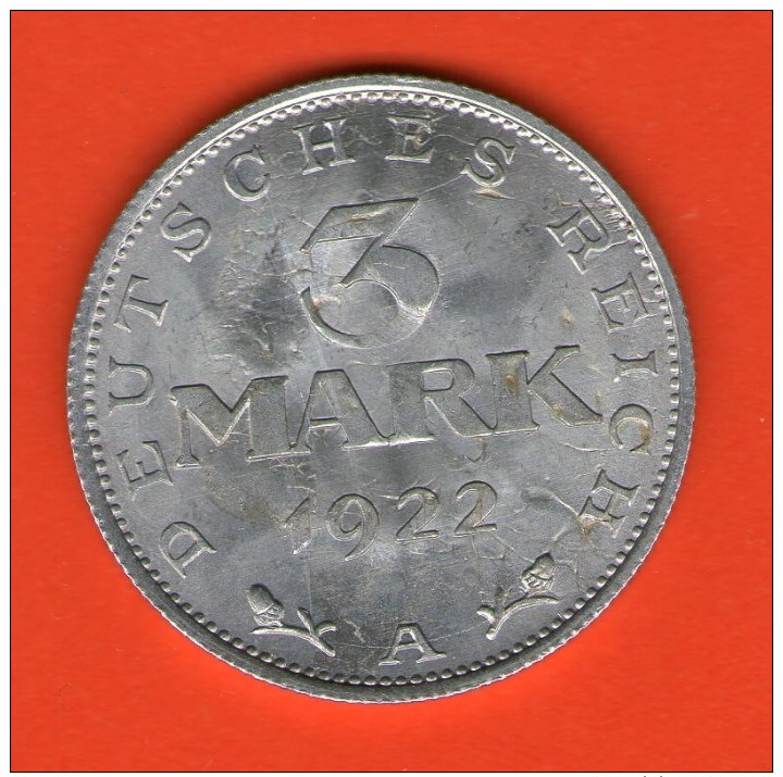 ALEMANIA GERMANY DEUTSCHLAND   - Weimar  3 Mark 1922 A    Alu  KM28  J302 - 3 Marcos & 3 Reichsmark