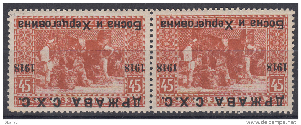 Yugoslavia, Kingdom SHS, Issues For Bosnia 1918 Mi#8 Inverted Overprint Pair Mint Hinged - Ungebraucht