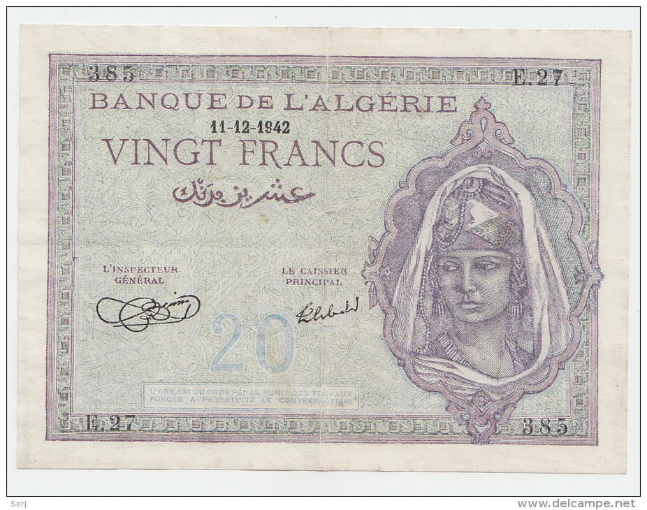 Algeria 20 Francs 1942 VF++ CRISP Banknote P 92a 92 A - Algeria