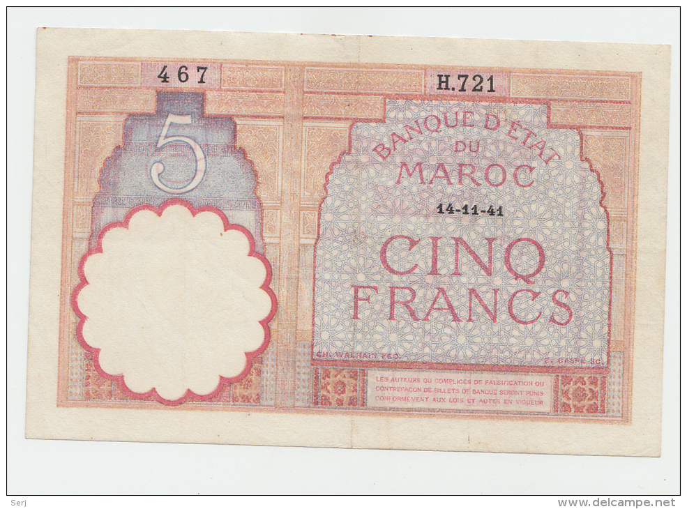 Morocco 5 Francs 14-11-1941 VF++ Crisp Banknote P 23Ab 23A B - Morocco