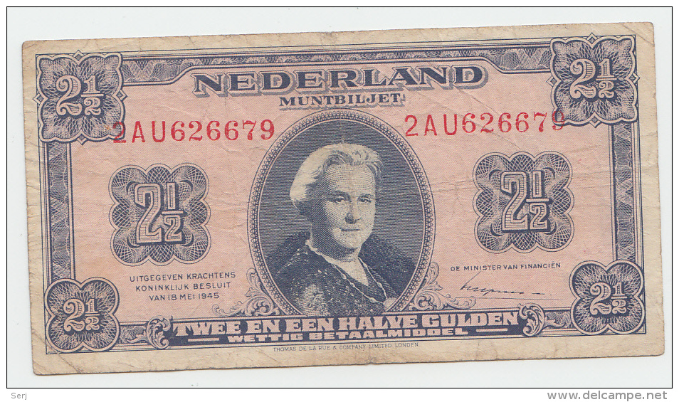 Netherlands 2 1/2 Gulden 1945 VF Banknote P 71 - 2 1/2 Gulden