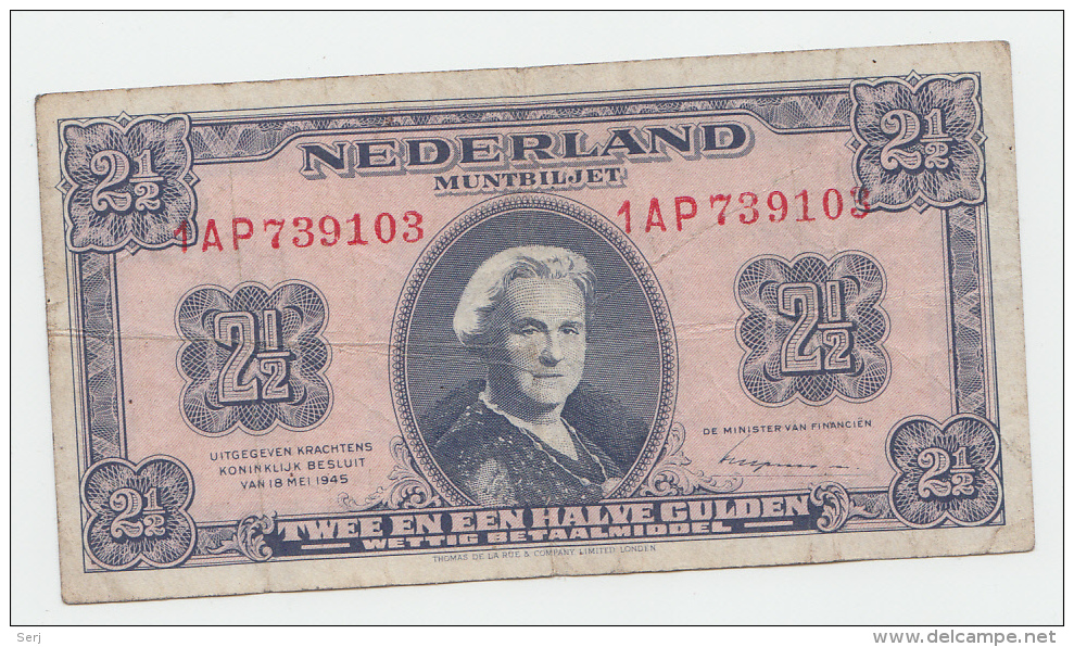 Netherlands 2 1/2 Gulden 1945 VF Banknote P 71 - 2 1/2 Gulden