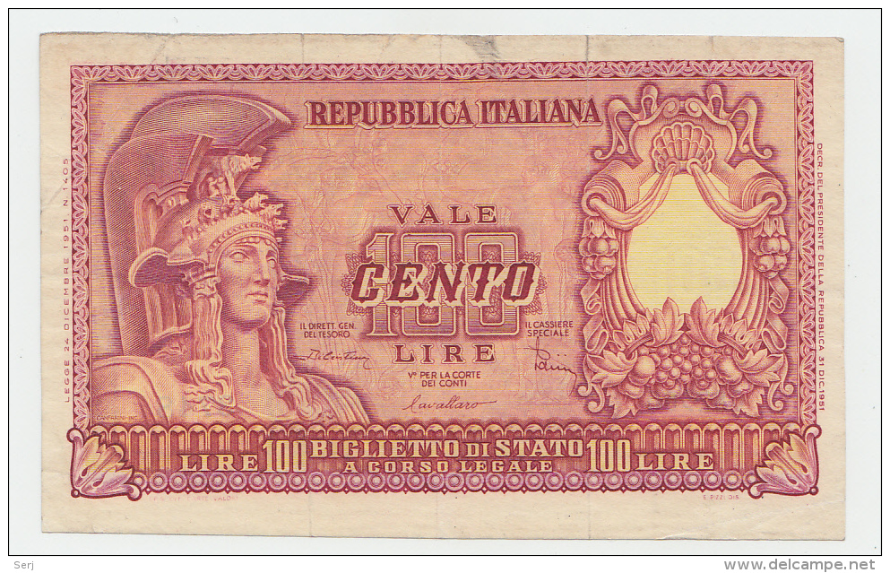 ITALY 100 Lire 1951 "F+" P 92b 92 B - 100 Liras